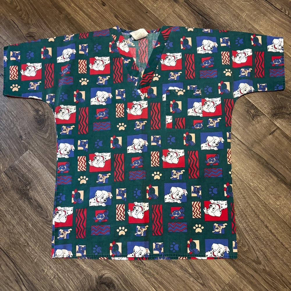 Crest Vintage Green and Red 101 Dalmatians Scrub Top